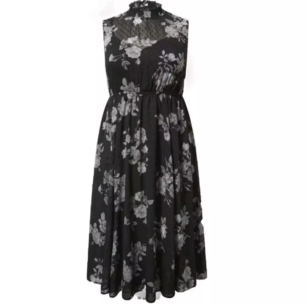 Torrid Midi Dress Woman Plus 4X High Neck Dark Floral Sheer Chiffon Clipdot Nwt